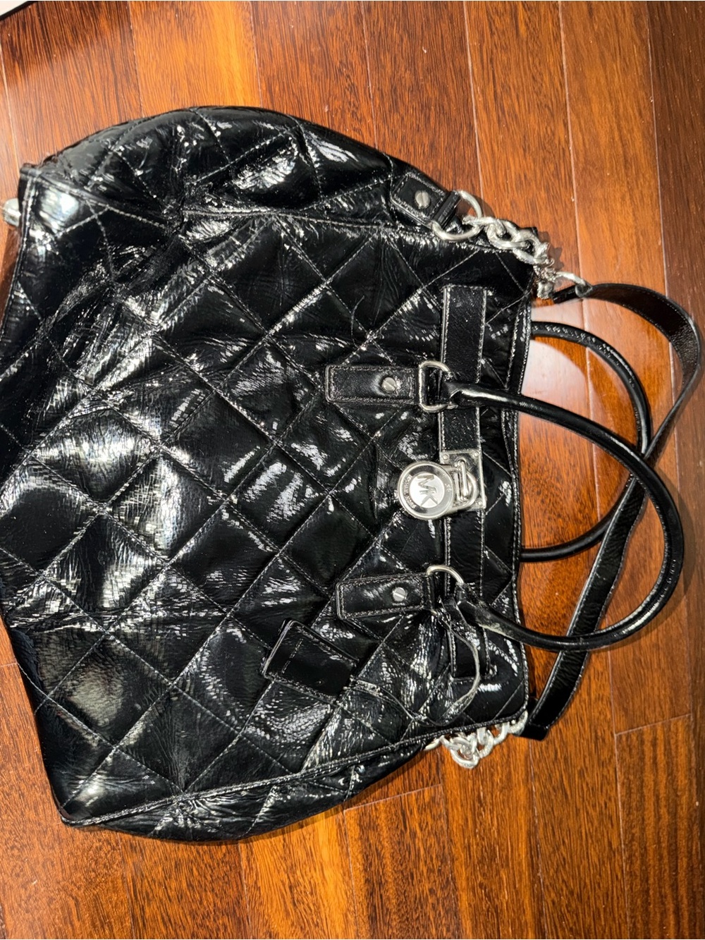 Michael Kors Black Quilted Patent Shoulder Bag with Silver Hardware